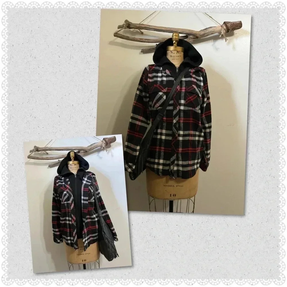 ✨BOGO FREE✨ Ci Sono Red Black White Plaid Hooded Flannel Long Sweater